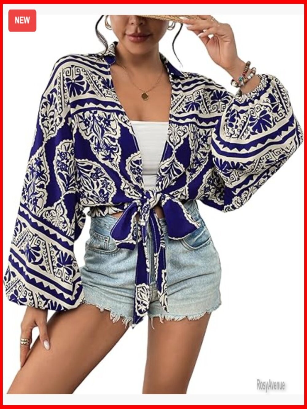 Women's Deep V Neck Tie Front Knot Wrap Top Lantern Sleeve Boho Blouse Tunic